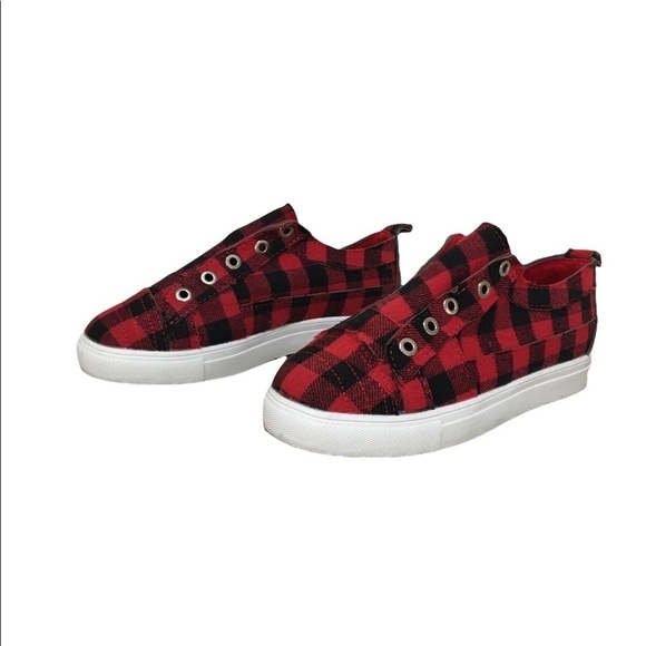 New Women’s Sneakers Red & Black Plaid Slip On Laceless Textile Upper Cushioned - Picture 4 of 10